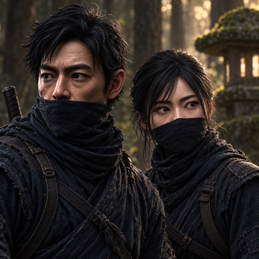 Jiro and Suzu side by side, masked, beside a stone lantern in soft forest sunlight.