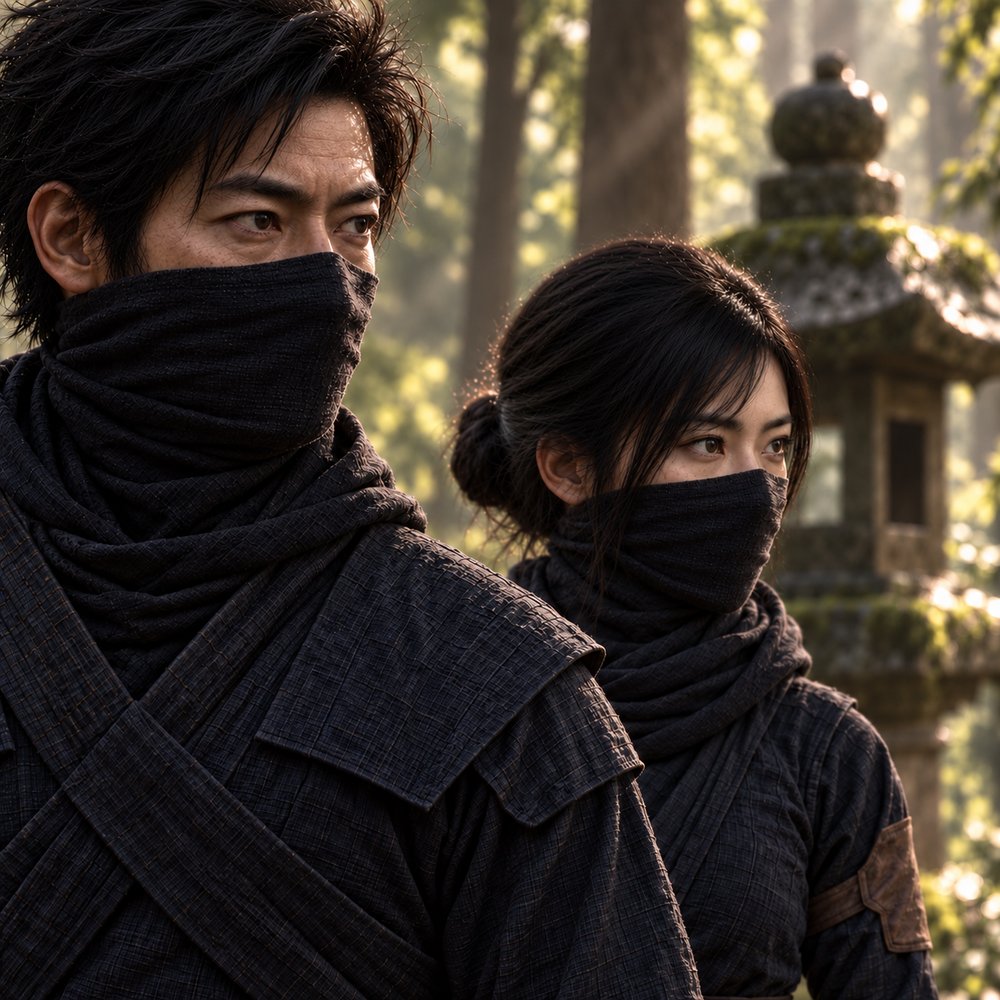 Jiro and Suzu side by side, masked, beside a stone lantern in soft forest sunlight.