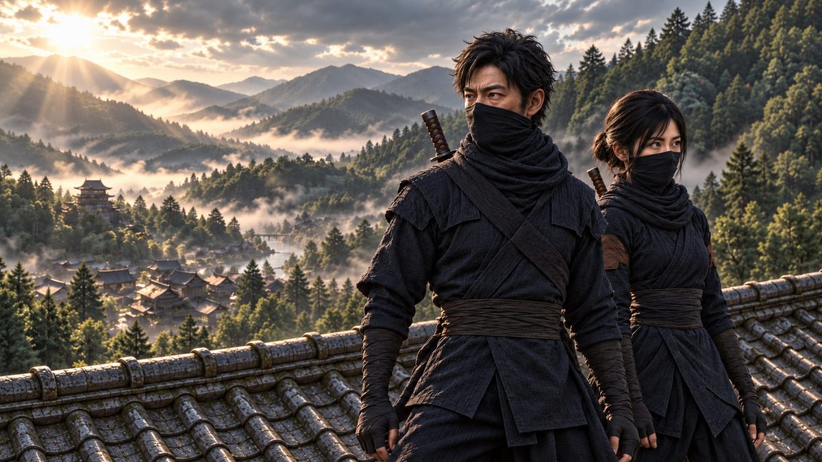Jiro and Suzu on a tiled rooftop above a misty forest valley