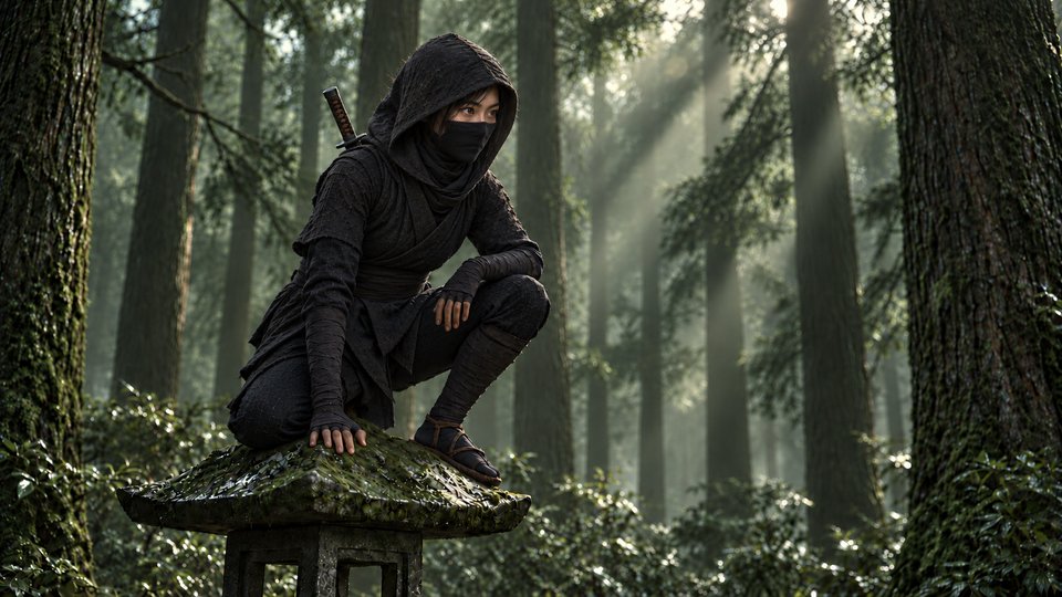 Suzu balanced on a moss-covered stone lantern, one knee down, in a cedar forest lit by pale shafts.