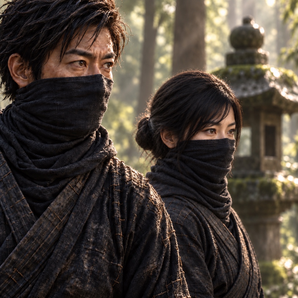 Jiro and Suzu side by side, masked, beside a stone lantern in soft forest sunlight.