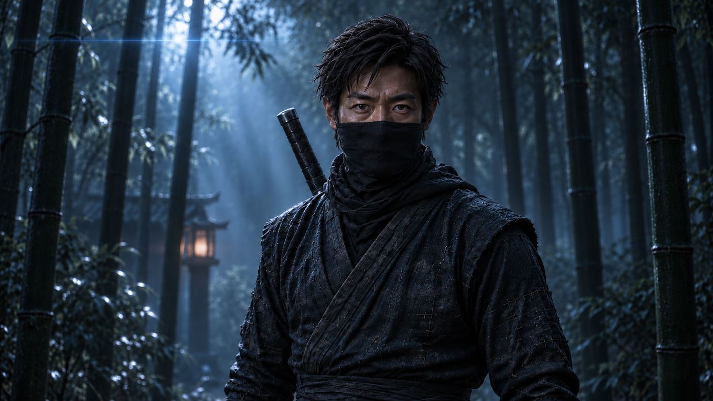 Jiro, masked and armed, standing in a bamboo grove at night as a shaft of cold light falls through the stems.