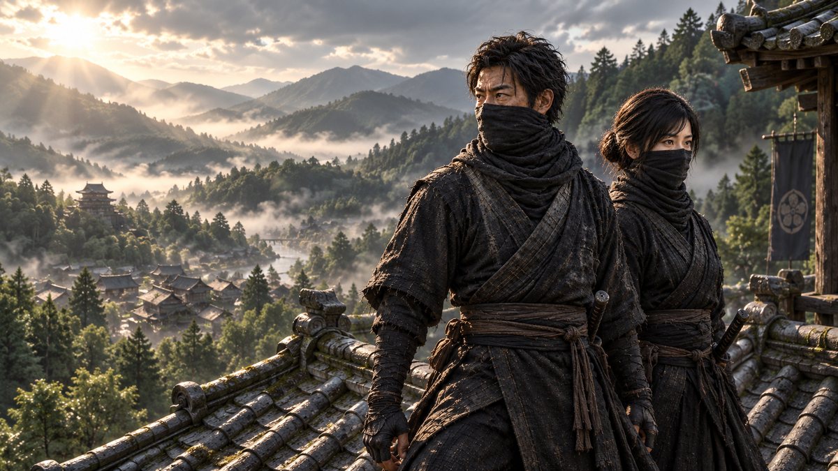 Jiro and Suzu on a tiled rooftop above a misty forest valley