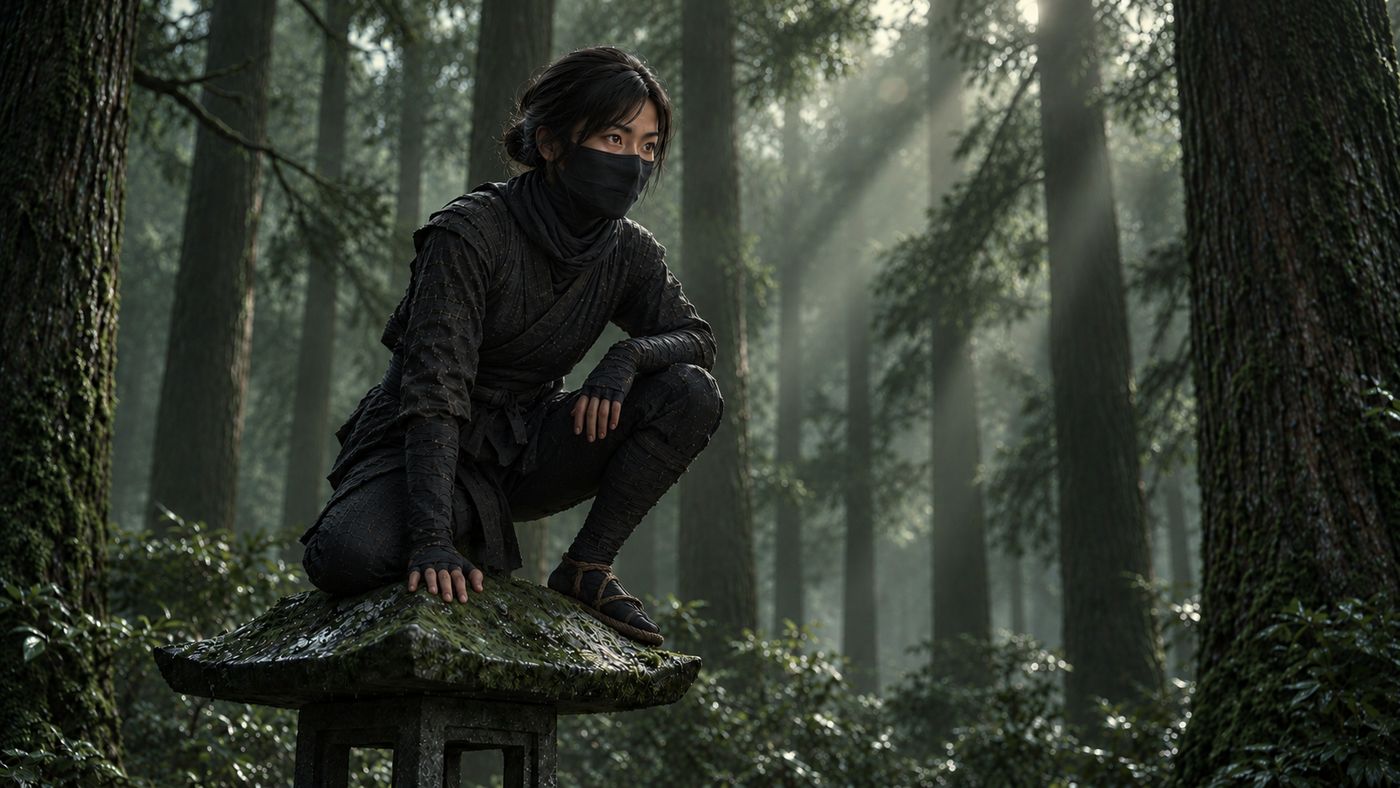 Suzu balanced on a moss-covered stone lantern, one knee down, in a cedar forest lit by pale shafts.